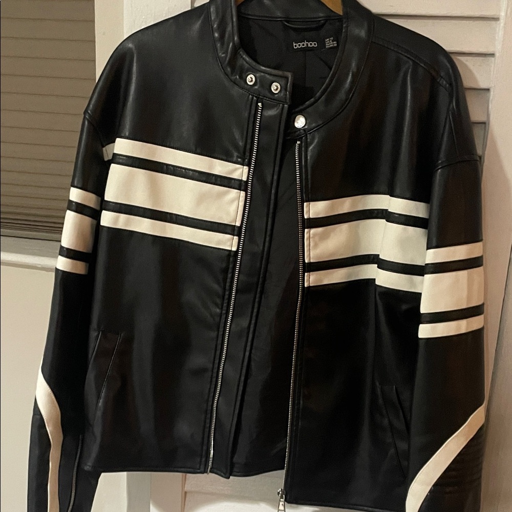 Boohoo Black Faux Leather Jacket with White Racing Stripes